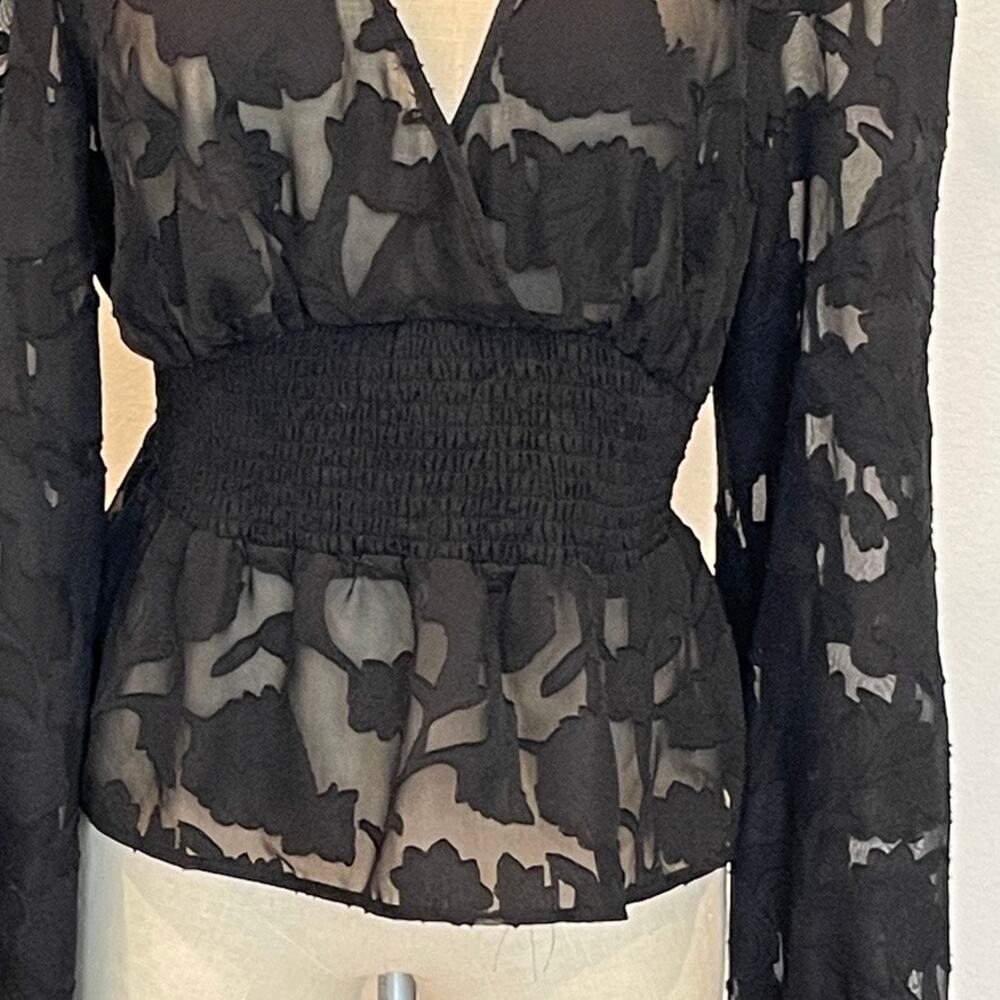 Sincerely Jules Black Floral Sheer Peplum Top - Picture 3 of 10